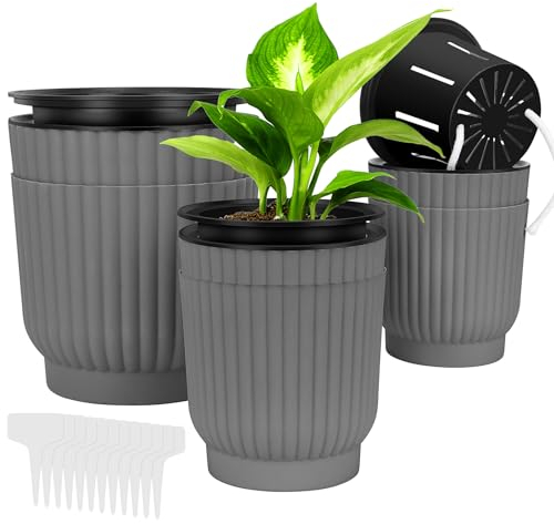 Hysagtek 6 Pack Blumentopf, Kunststoff Blumentopf Selbstbewässernd, Kräutertopf mit Ablauflöchern, 3 Größen Pflanzentopf Outdoor Selbst Bewässerung, Blumentöpfe Balkon für Garten Home (Grey)