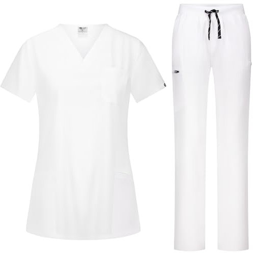 B-well Bella Damen - Conjunto de casaca y pantalón unisex para profesionales sanitarios, ropa de trabajo, con elastano, Blanco, XL