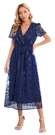 HEYPORK Damen Frühling Sommer Kleider Bequem Lässig Kleid Mode Elegant Röcke Frauen Stickerei Bright Silk Mesh Kleid V-Ausschnitt Medium Länge Kleider(Blau, M)