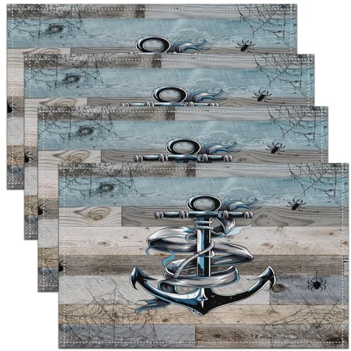 Vintage Anker Tischsets Set von 4 45Bx30L,Sea Jagd Platzmatten für Mann,Retro Grunge Holz Plank Tischmatten,Schwarze Spinnennetz wasserdichte Tischsets für Küchentisch
