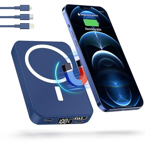 Wireless Powerbank 10000mAh, Magnetische Power Bank mit Typ-C Kabel PD 20W Schnellladen Mini Mag-Safe AkkuPack für iPhone 15/14/13/12/Mini/Pro/Pro Max (Blau)