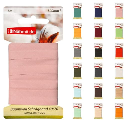 Nähmit 5m Karte Baumwoll Schrägband, 100% Baumwolle 20mm Breit - 40/20 vorgebügeltes Schrägband (A08-Altrosa, 5m Karte)