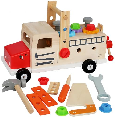 Werkzeugkoffer Kinder Werkbank, Werkzeug Kinder Montessori Spielzeug ab 2 3 4 Jahre, Holzspielzeug Werkzeugkasten Werkzeugwagen Lernspiele Geschenk Junge Mädchen 2 3 4 Jahre(30 Stück)