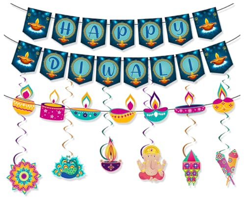 Diwali-Lichtdekorationen für Heimbanner, Happy Deepavali-Dekorationen, hängende Spiraldekoration mit Banner, Diwali-Wanddekor-Banner, Diwali-Dekorationen für das indische Diwali-Fest, Familienfeier