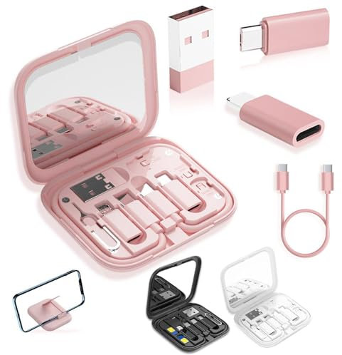 Multi USB Charging Adapter Cable Kit,Multi Charging 9 In 1 Cable Case Kit USB C to Ios Device/Type C/Micro/USB A Adapter, Data Transfer Contains Card Slot for Traveling, Use As Phone Holder (Pink)