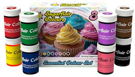Sugarflair Essentials Food Colouring Paste Set, Highly Concentrated Food Colouring for Buttercream, Sugar Paste, Royal Icing, Cake Mixes and More! Vibrant Colour Food Dye - 8x 25g