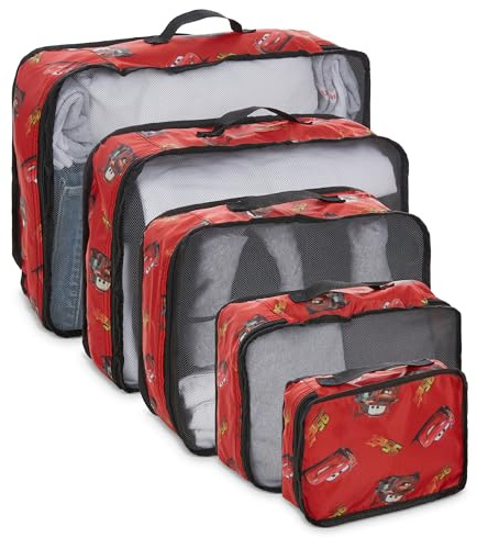 Disney Minnie Mickey Stitch Packing Cubes - Winnie the Pooh, Princess Cinderella, Cars, Toy Story 5 Piece Packing Cubes Compression - Travel Essential - Luggage Suitcase Organizer Set, Red Cars