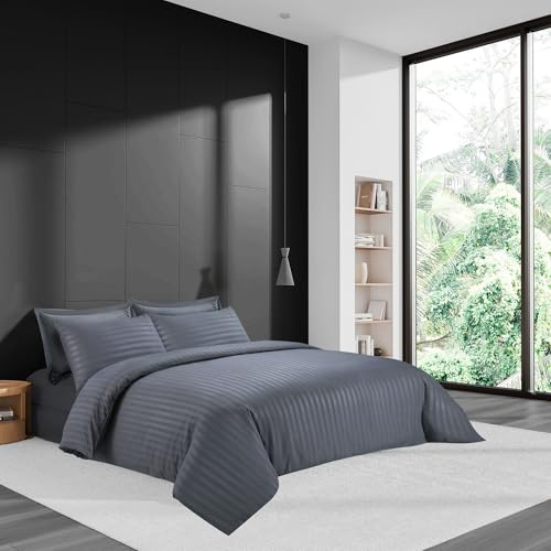 LYMA Bedding Duvet Cover Set Single Stripes Embossed, OEKO-TEX Certified, Ultra Soft NanoPlush Double Brushed Quick Dry & Button Closure, Wrinkle Fade Resistant Quilt Cover with Pillowcase (Dark Grey)