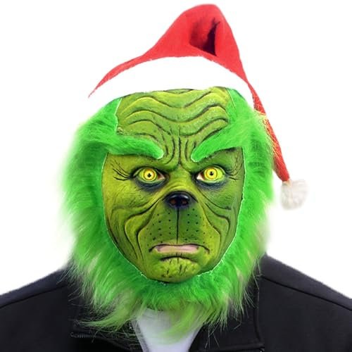 Hulaiyaa Halloween Grinchs Weihnachten Monster Maske, Grinchs Latex Maske Weihnachts mit Hut Erwachsene Halloween Karneval Maskerade Cosplay, Grüne Cosplay Masken Weihnachts Kostüm Requisiten