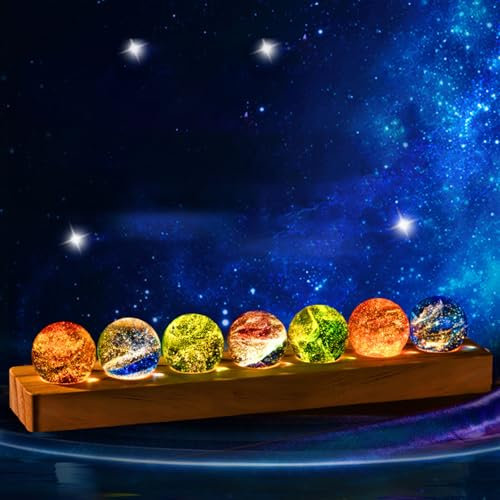 LEEMQCYA Bunte Glaskristallkugel mit LED-Holzsockel, heilendes Nachtlicht für Meditation, Reiki, Feng Shui, Dekoration, 7 Stück