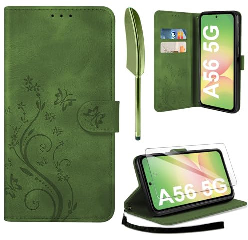 AROYI Lederhülle Kompatibel mit Samsung Galaxy A56 5G Hülle und Schutzfolie, Flip Wallet Handyhülle PU Leder Case Kartensteckplätzen Schutzhülle Kompatibel mit Samsung Galaxy A56 5G Armeegrün