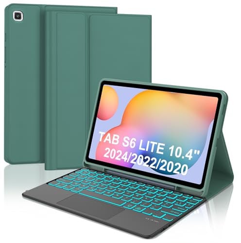 WAVATA Clavier pour Samsung Galaxy Tab S6 Lite 10.4 Pouces 2024/2022/2020 avec Pavé Tactile, Étui Clavier pour Tab S6 Lite Magnétique Rétroéclairées Bluetooth Français AZERTY Layout, Vert foncé