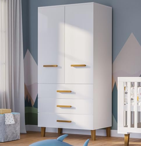 Bellabino Liri Kinderkleiderschrank – Kleiderschrank Kinderzimmer 2-türig mit 3 Schubladen in Weiß/Natur – Babyzimmer Schrank für Mädchen & Jungen – 183 x 56 x 90 cm (HxTxB)