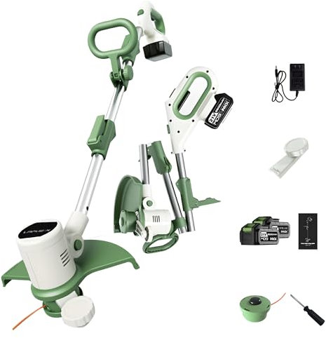 Tondeuse À Gazon sans Fil, Tondeuse Électrique avec Poignée Réglable, Tête Réversible À 90°, Pare-éclaboussures Plus Large pour Tondre la Pelouse, Couper Les Brindilles Et Les Broussailles