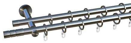 tilldekor Gardinenstange auf Maß, Vorhangstange nach Wunschmaß | Alicante, 2lauf, Edelstahl-optik 140 cm Stabiler Ø 20 mm sehr gute Gleiteigenschaften Wohn-, Schlaf- und Arbeitsräume