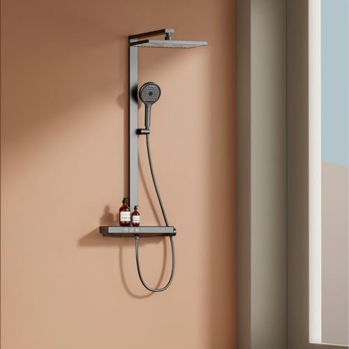 EMKE Duschsystem mit Thermostat, 36x24cm Regendusche mit Armatur, Anthrazit | 40 cm Glasablage, 3 Strahlarten, Handbrause 4 Strahlarten, höhenverstellbare Handbrause, mattes Design, für Badezimmer