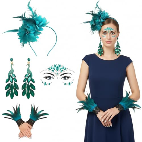 Yuwnd Pfau Kostüm Damen Rio Vogel, Peacock Costume Set Mit Haarreif, Gesichtsticker, Ohrringen Und Armbändern, Karneval Vogel Kostüm Für Damen