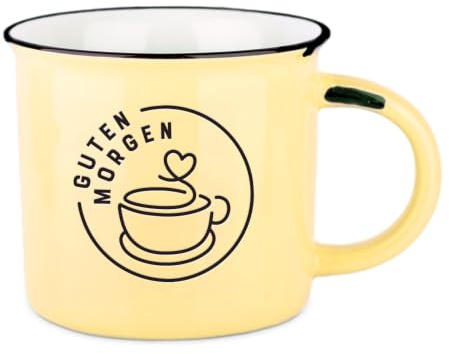 Vintage-Becher aus Keramik im Emaille-Look, Guten Morgen, 400 ml | Mit tiefgeprägtem Schriftzug und Geschenkbox - 39 Designs, spülmaschinen- und mikrowellengeeignet