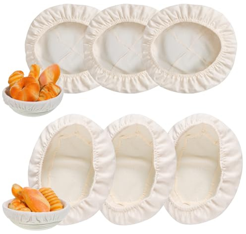 JJUNW 6 Stück Leineneinsatz für Gärkorb, Bäckerleinen mit Gummibund, Leinentuch Brot Backen Brotkorb Stoff Proofing Basket Cloth Liner Teigtuch für Gärkörbchen für Hause Backen Bäckerei(Kreis+Ellipse)