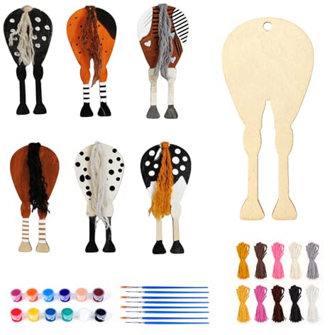 VOPIWOZ Lustiges Pferdehintern Ausmalen Set, 24 Holzpferd mit Garn Farben Pinsel, Bastelsets Kindergeburtstag ab 4 Jahre, Osterdeko Pferde Geburtstagsdeko, Geschenke für Pferdeliebhaber