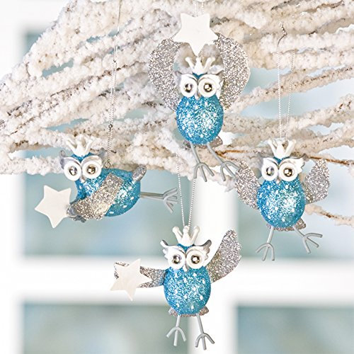 Casablanca · Christbaum-Anhänger ' Eule Lotta ' 9-11cm · eisblau silber weiß 4er-Set
