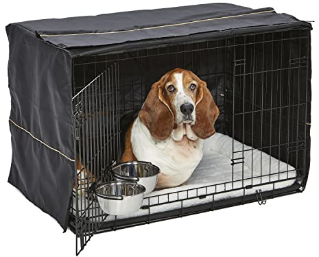 MidWest Homes for Pets - Kit de iniciación iCrate de doble puerta, pack de jaula de 91 km para perros medianos/grandes, incluye jaula, cama para mascotas, 2 cuencos y cubierta de privacidad