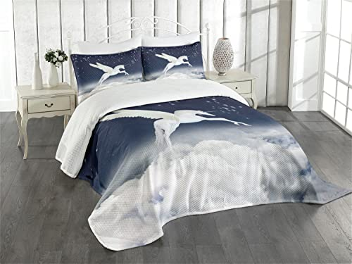 ABAKUHAUS Fantasie Tagesdecke Set, Einhorn Magisches Tier, Set mit Kissenbezug Moderne Designs, für Einzelbetten 170 x 220 cm, Weiß Blau