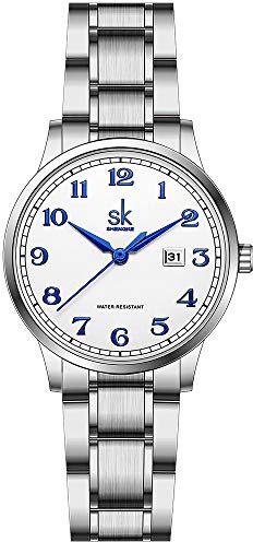 SK Classic Business Women Watches with Stainless Steel Band and Genuine Leather Elegant Ladies Calendar Watch(Arabic Number-Silver Steel Band)