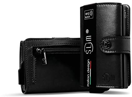 SLim® Porte-cartes, portefeuille blindé, protection RFID, anti-clonage, Cuir véritable noir, Con Zip