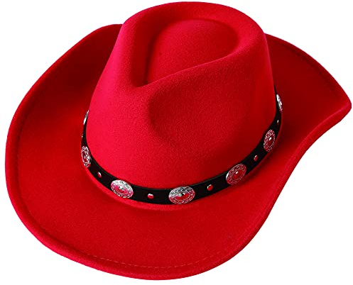 Lanzom Cowboyhut für Damen und Herren, Filz, breite Krempe, Gürtelschnalle, Panamahut, Rot/Ausflug, einfarbig (Getaway Solids), M-L