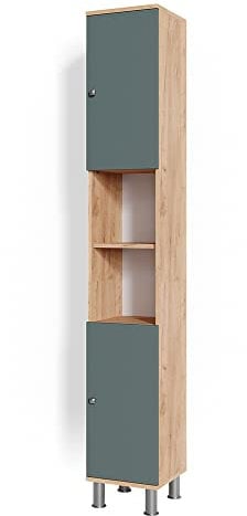 Vicco Badschrank Fynn, Badezimmerhochschrank, Goldkraft Eiche/Grün, 30 x 190 cm