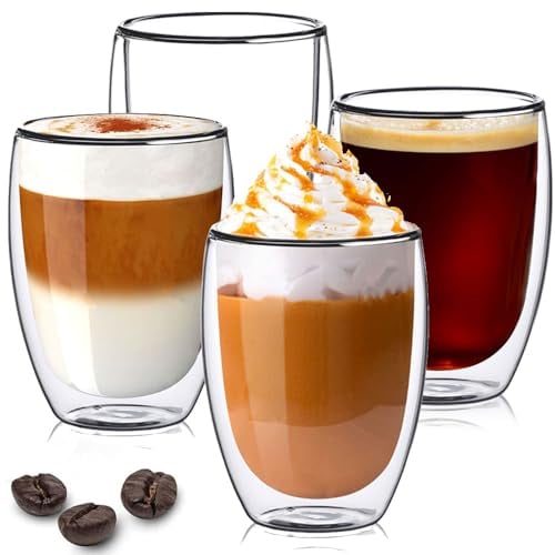 TKNO Double Walled Glass Coffee Mug Cups, Set of 4 Hollow Vacuum Sealed Cappuccino Latte Macchiato Glasses, Hand Made, Heat Resistant, Microwave Safe, 350ml Cup