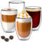 TKNO Double Walled Glass Coffee Mug Cups, Set of 4 Hollow Vacuum Sealed Cappuccino Latte Macchiato Glasses, Hand Made, Heat Resistant, Microwave Safe, 350ml Cup