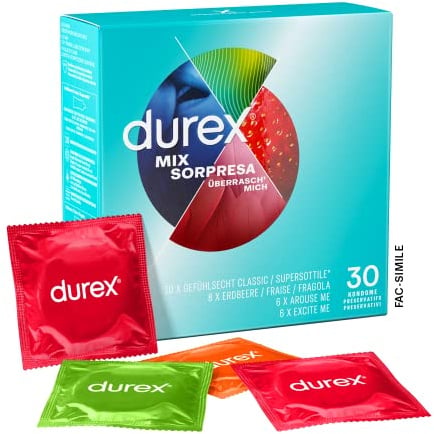 Durex Mix Sorpresa, Preservativi Sottili e Preservativi con Rilevi e Nervature, 30 Profilattici