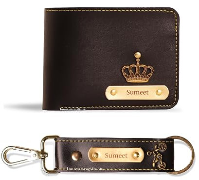 Innovative Gifts Portefeuilles personnalisés pour homme + porte-clés personnalisé avec étiquette de nom et breloques pour homme (noir)