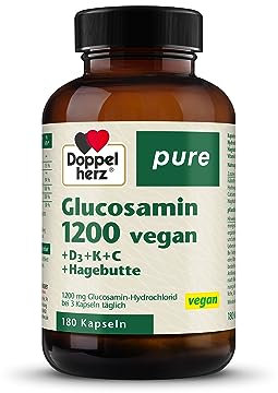Doppelherz pure Glucosamin 1200 vegan - plus Hagebuttenextrakt, Vitamin D3 und K2, Kupfer und Calcium - 180 gelatinefreie Kapseln