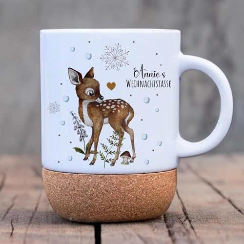 ilka parey wandtattoo-welt Tasse Becher Keramiktasse mit Kork Korktasse Weihnachten Reh Wunschname Name Weihnachtstasse Kaffeepott Kaffeebecher Kaffeetasse Geschenk tsk20
