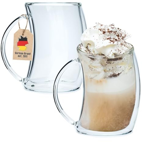 INTIRILIFE 2x Doppelwandiges Thermo Glas - gebogener Style - 200ml Füllmenge - Tassen Set 2 Stück - Schwebeeffekt, Mundgeblasen isoliert für Latte Macchiato, als Teeglas oder Kaffeeglas mit Henkel