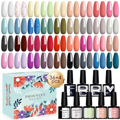 Gel Nail Polish Set, Phoenixy 36 Colours UV Gel Nail Polish 8ml Nail Varnish with Base Top Matte Coat Nail Polish Sets Manicure Gift for Women