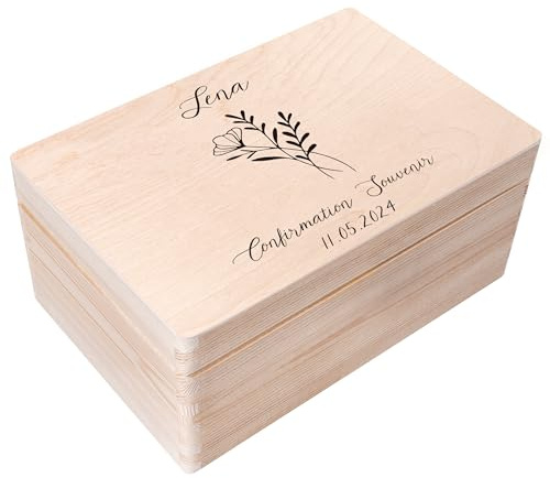 Creative Deco Personalisiert Kommunion/Konfirmation/Jugendweihe | Geschenke für Mädchen Jungen Holzkiste | Blumen Motiv | Individuelle Geschenk Erinnerungsbox Konfirmation Erstkommunion Deko