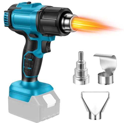 Fulluky Pistolet à air chaud sans fil, jusqu'à 500 °C, 3 buses, 2 niveaux de température, compatible avec les batteries Makita 18 V, convient pour le bricolage, les gaines thermorétractables, les