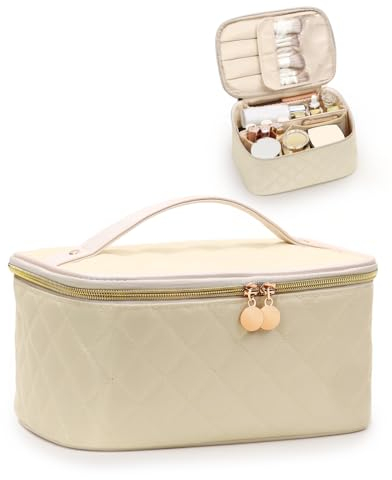Prite Groß Kosmetiktasche für Damen Reise Kulturtasche in Gestepptem Design Tragbare Kulturbeutel oder Make Up Tasche mit Griff und Abnehmbarem Trenner (Beige)