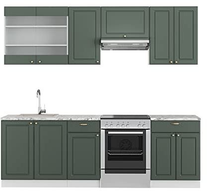 Vicco Küchenzeile Fame-Line, Grün-Gold Landhaus/Weiß, 240 cm, AP Anthrazit