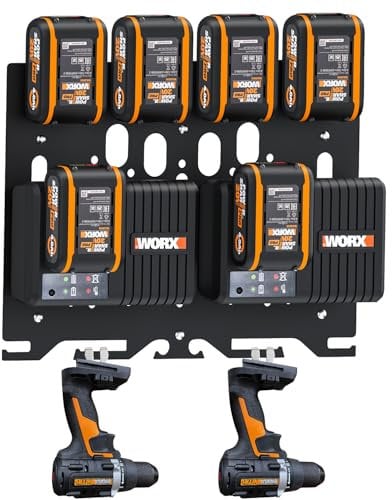 DITKOK Upgrade Supporto da parete 3 in 1 per caricabatterie Worx, batterie e trapano a batteria, supporto batteria in metallo per 4 batterie da 20 V, 2 caricabatterie WA3867/2 caricabatterie WA3880/1