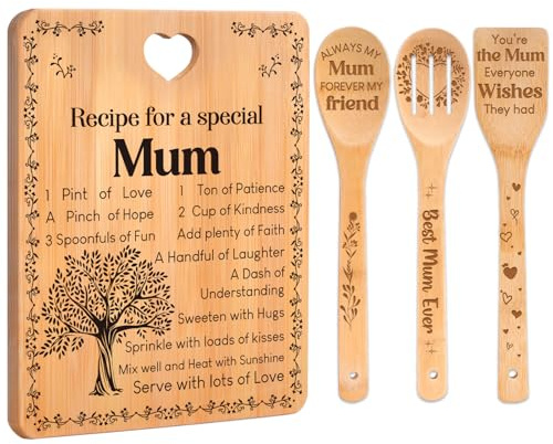 Birthday Gifts for Mum - Recipe for a Special Mum Mum Birthday Gifts Cutting Board Set, Bamboo-Made Engraved Utensil Set Mum Presents, Birthday Gifts for Mum from Daughter