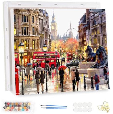 MEIYUDA Paint by Numbers Kits for Adult with Frame London Landscape, DIY Canvas Oil Painting Kit for Adult or Beginner, Paint by Numbers Arts and Crafts Kit Acrylic Pigment for Home Wall Decor 40x30cm