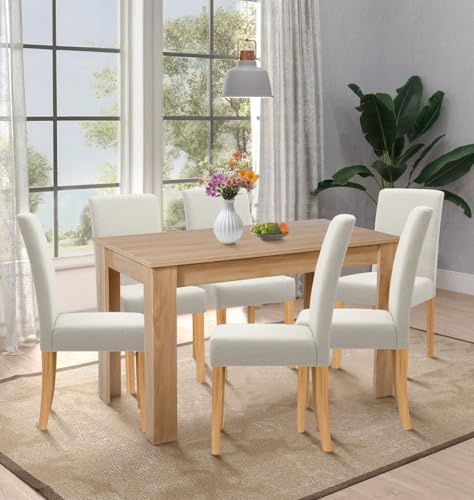 Hallowood Furniture Newquay Large Oak Dining Table and Chairs Set 6, Beige | 120cm Rectangular Dining Room Table and Chairs in Straight Back Upholstered Beige Fabric, 6 Seater Farmhouse Dining Room Sets