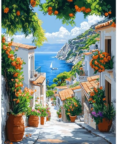 DAERLE Peinture par Numéros Adulte, Belle vue de la ville de Lakeside, Peinture par Numéros pour Débutant Paysage, Peinture par Numéros pour la Décoration de la Maison 40x50cm (Sans Cadre)