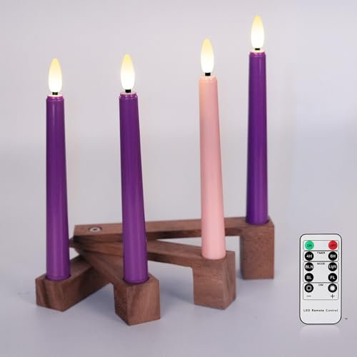 FPOO Flameless Advent Candles with Wooden Candle Holder, Advent Candles Battery Operated 3 Purple and 1 Pink LED candlesticks for Advent Decoration (4 Packs)