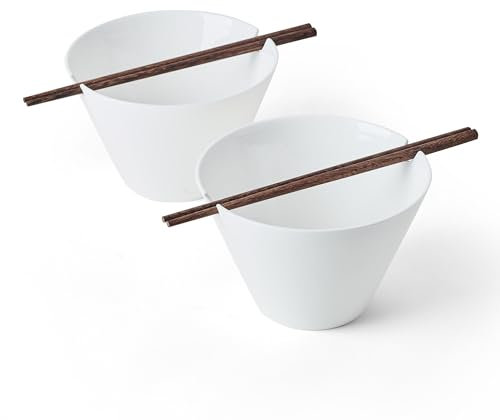 Mikasa Delray Bone China Lightweight Chip Resistant Noodle Ramen Bowl and Chopstick Set, Set of 2, White